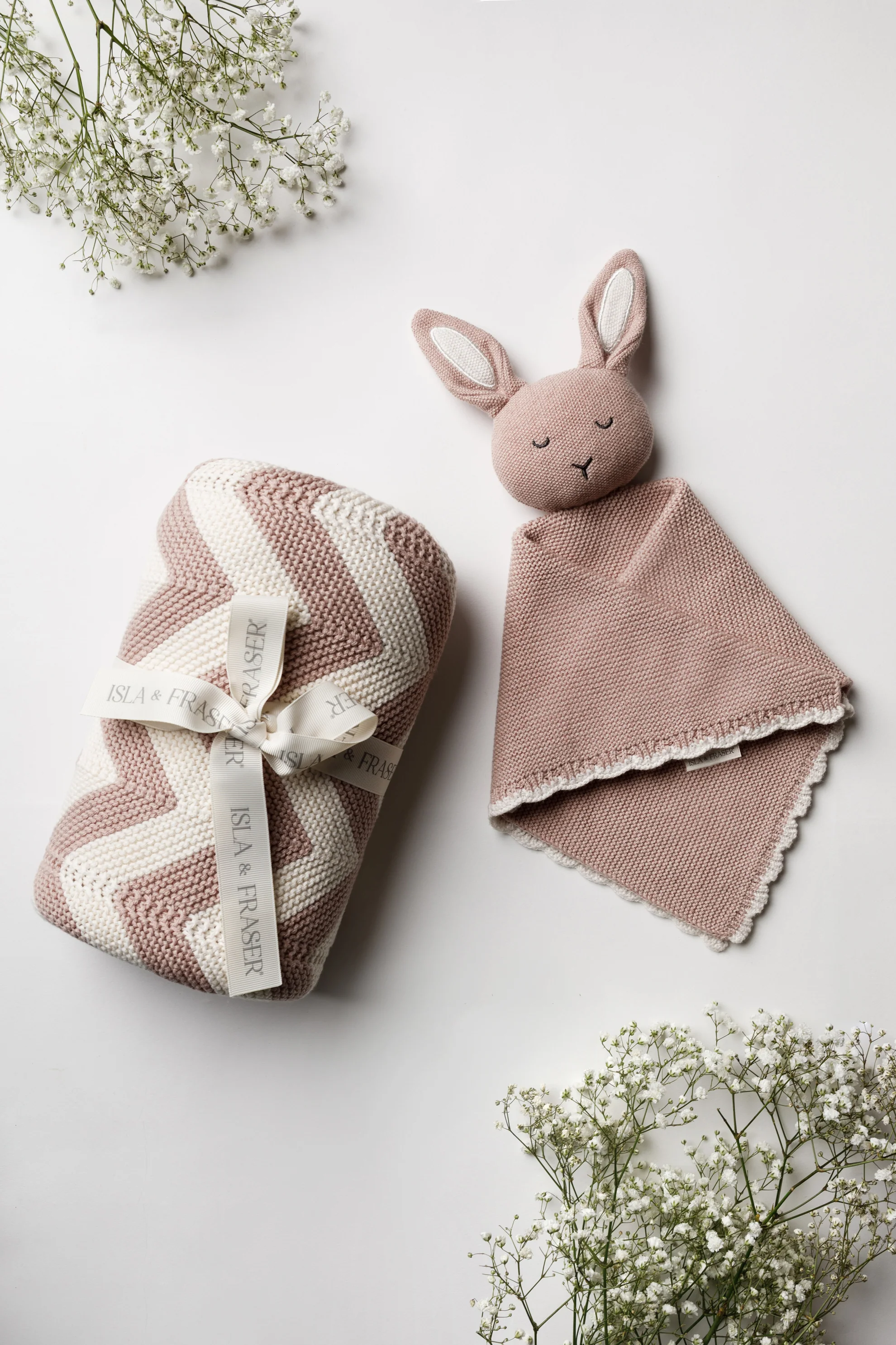 Organic Cotton Baby Blanket & Bunny Bundle - Rose Chevron
