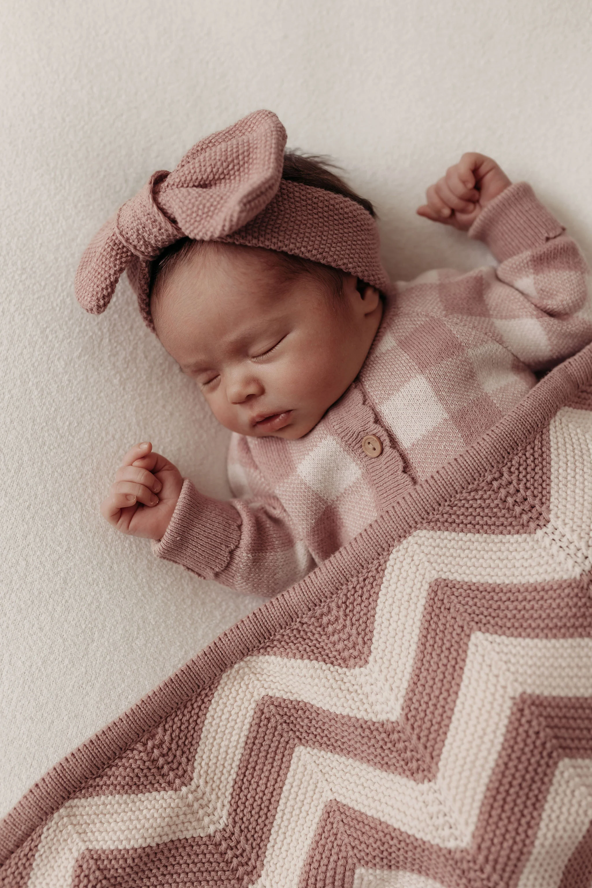 Organic Cotton Chevron Knit Baby Blanket - Rose/Cream - Image 3
