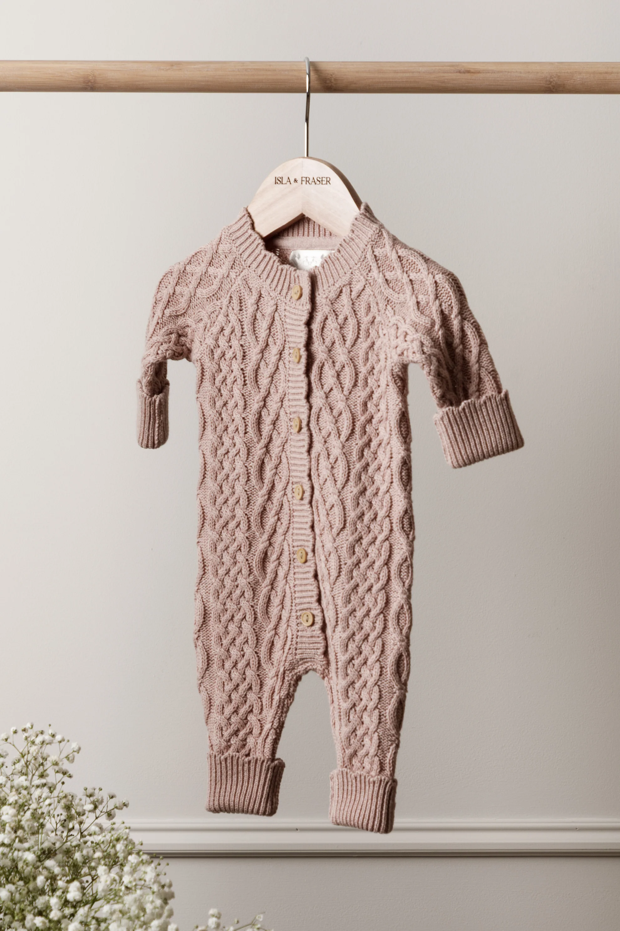 Organic Cotton Cable Knit Baby Romper - Rose - Image 6