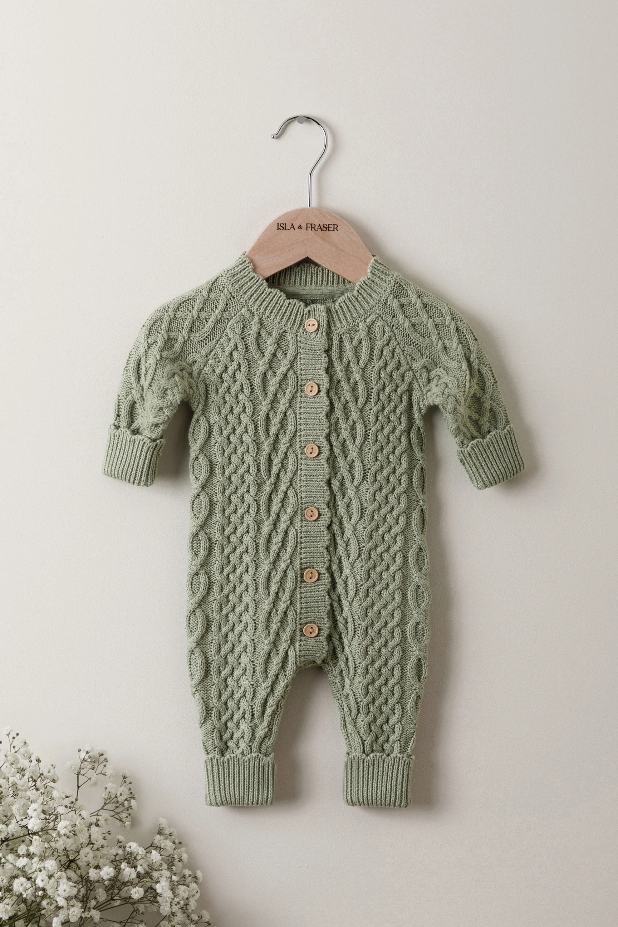 Organic Cotton Cable Knit Baby Romper - Sage - Image 2