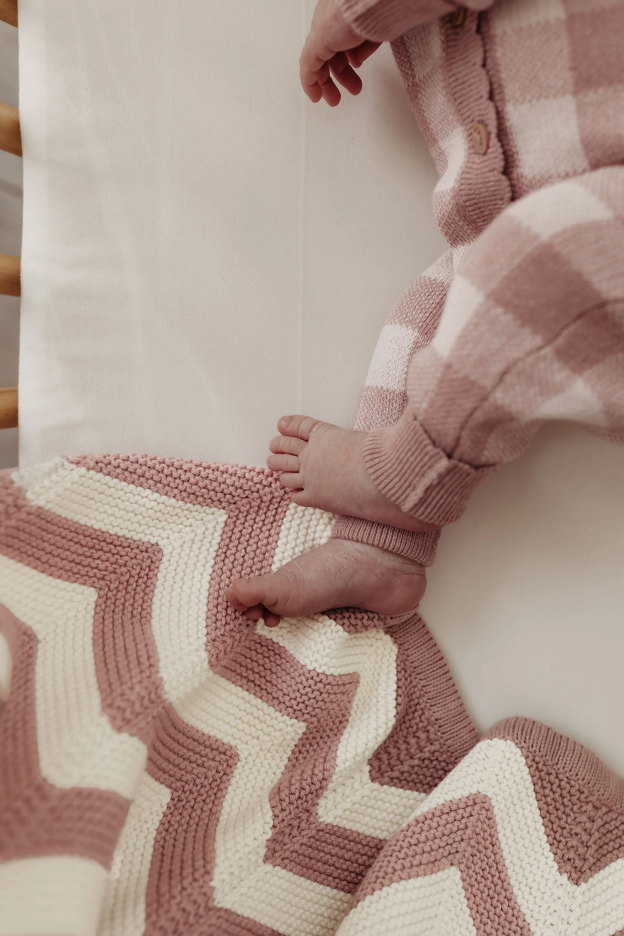 Organic Cotton Chevron Knit Baby Blanket - Rose/Cream - Image 4