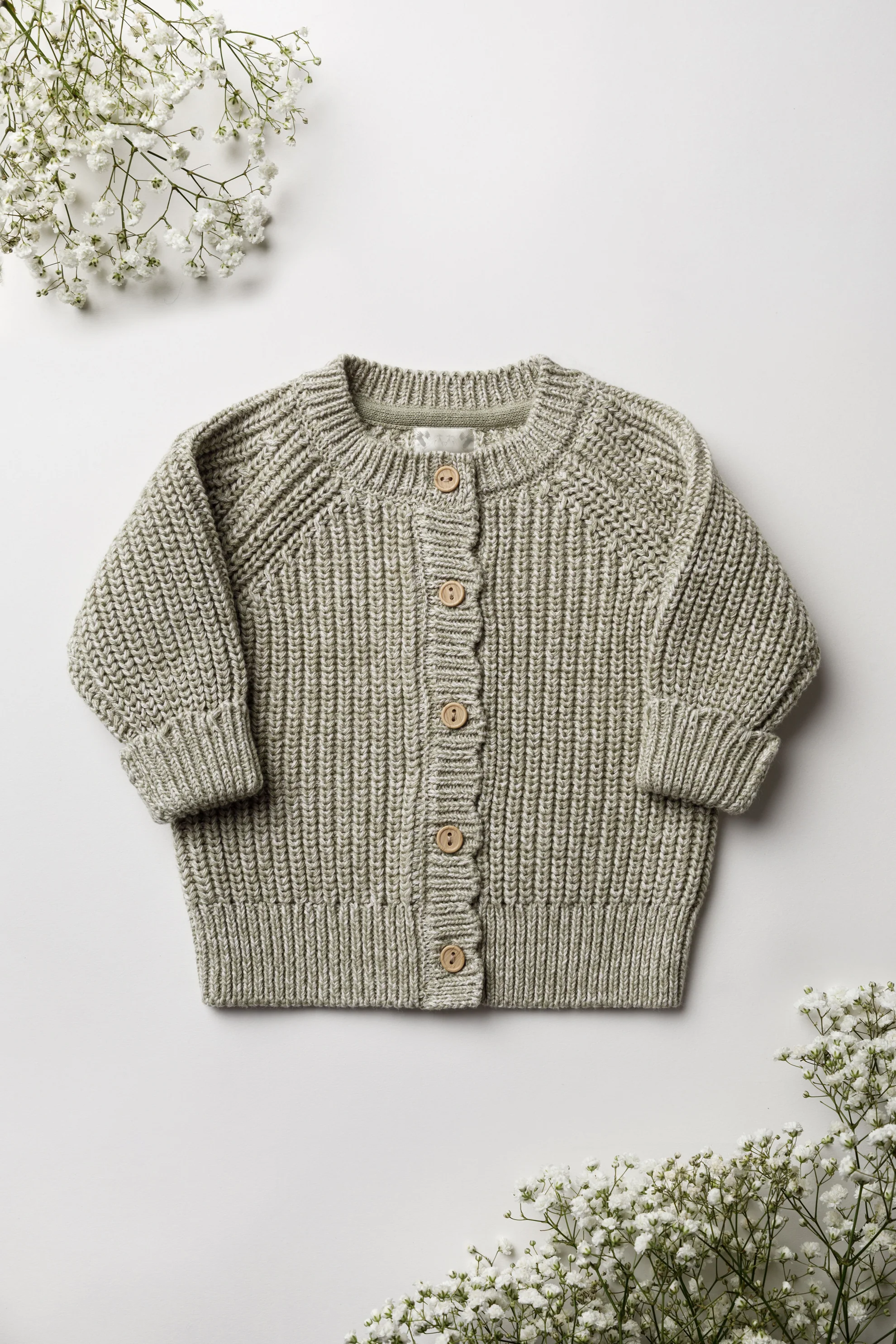 Organic Cotton Chunky Twist Knit Baby Cardigan - Sage - Image 4
