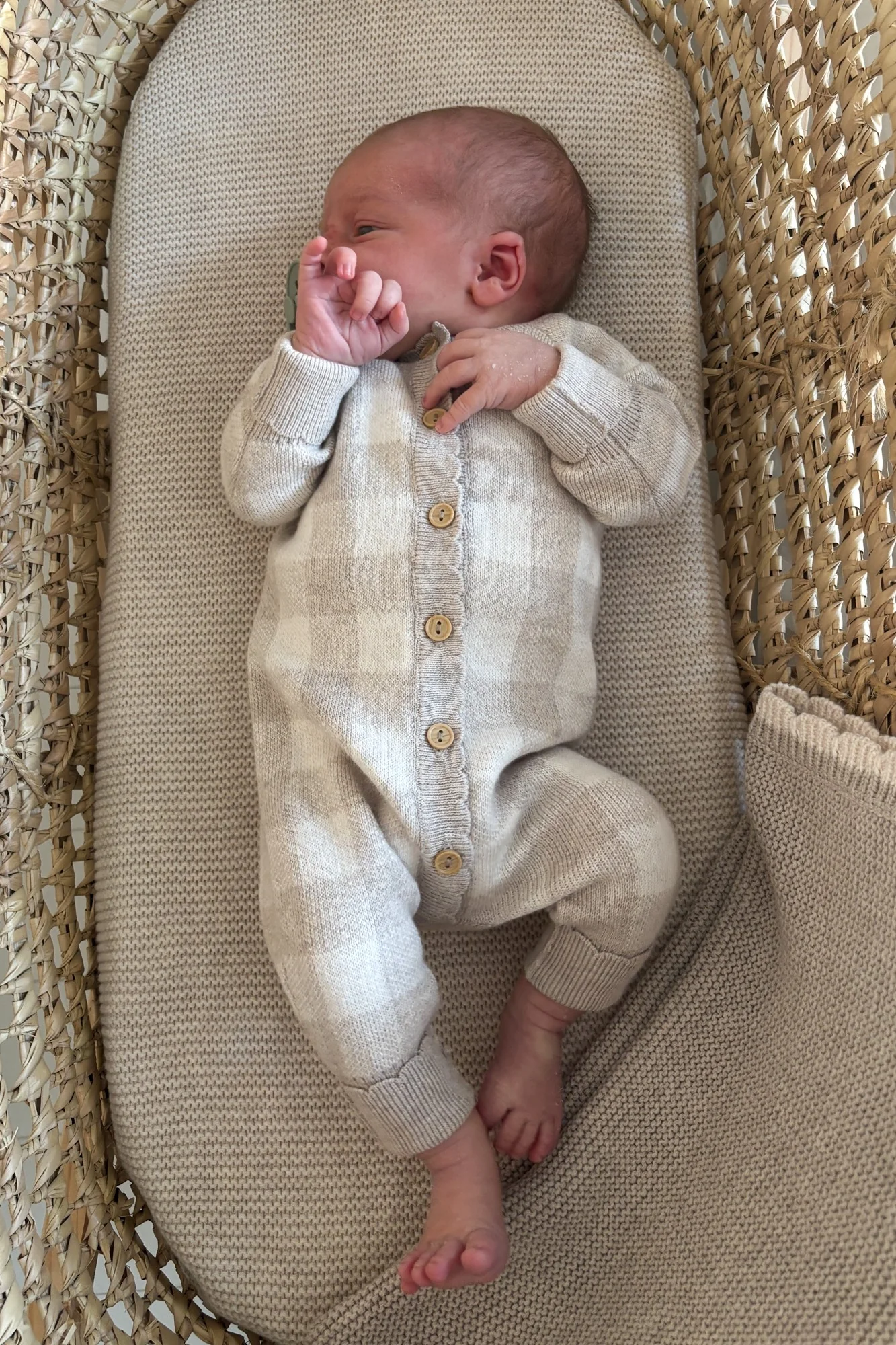 Organic Cotton Gingham Baby Romper - Oat/Pebble - Image 5