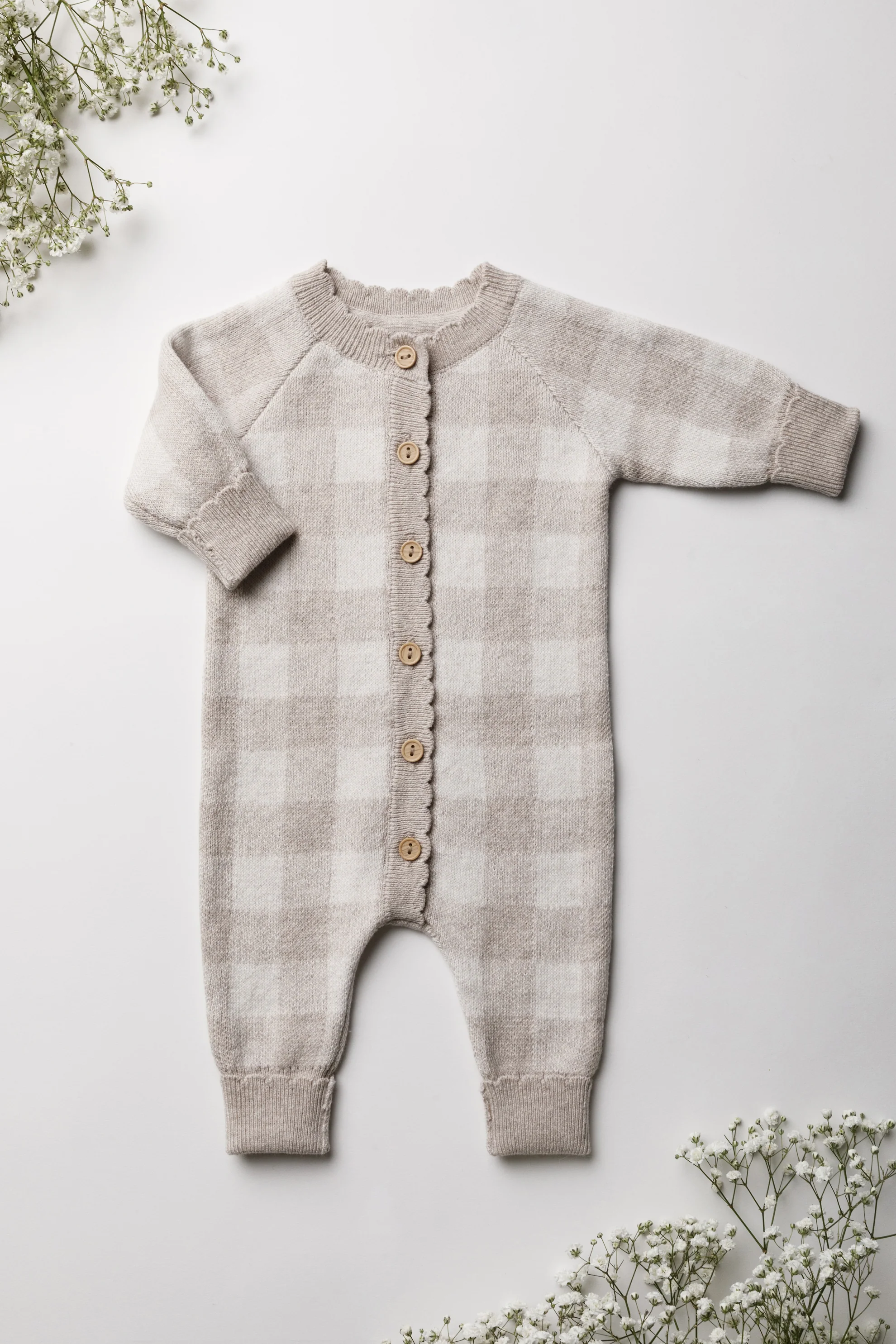 Organic Cotton Gingham Baby Romper - Oat/Pebble - Image 6