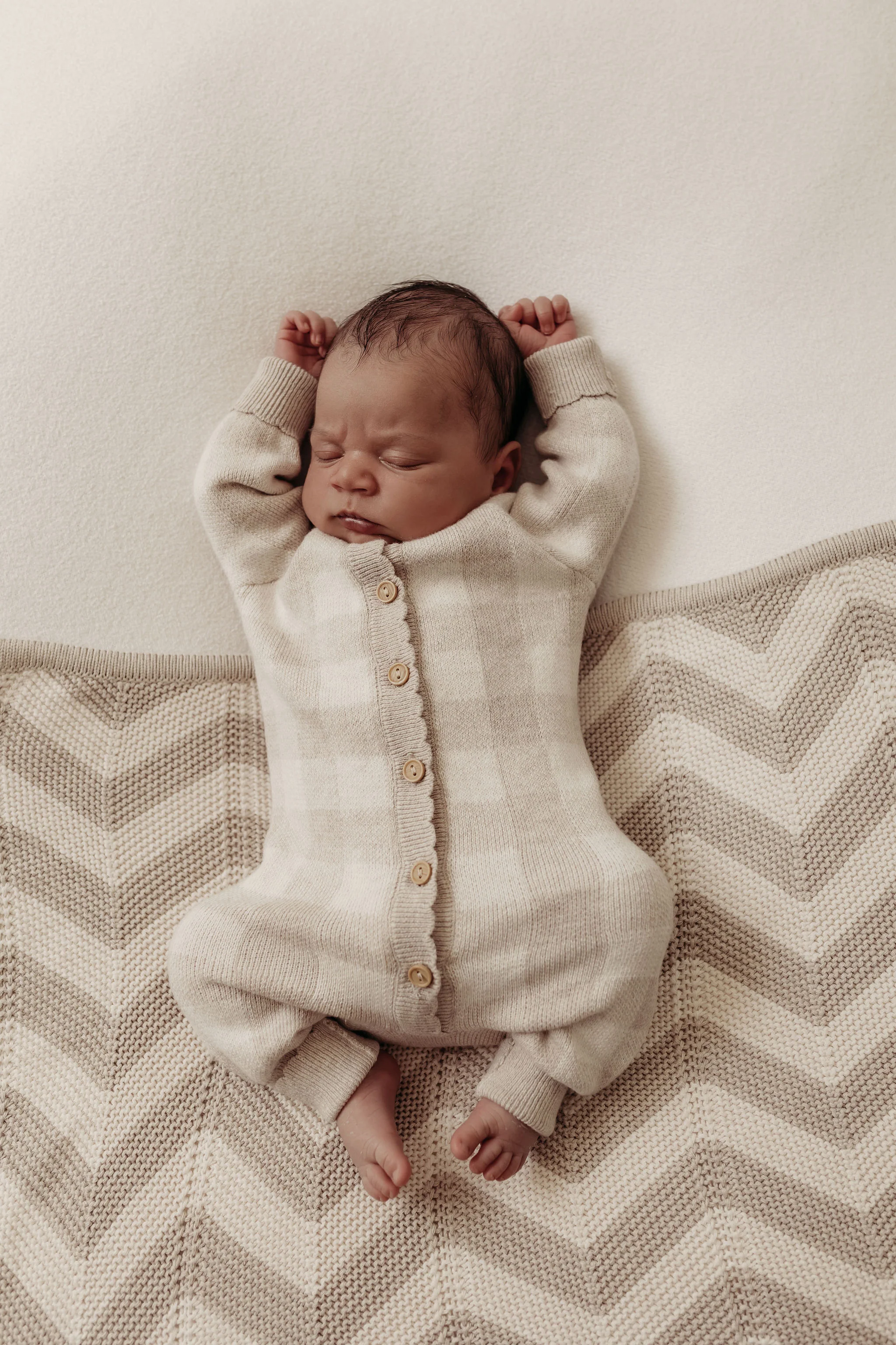 Organic Cotton Gingham Baby Romper - Oat/Pebble - Image 7