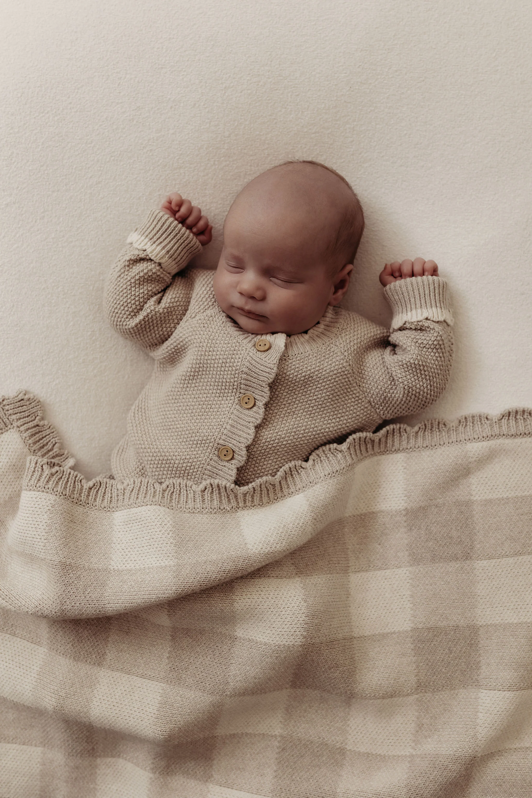 Organic Cotton Gingham Knit Baby Blanket - Pebble/Oat - Image 6