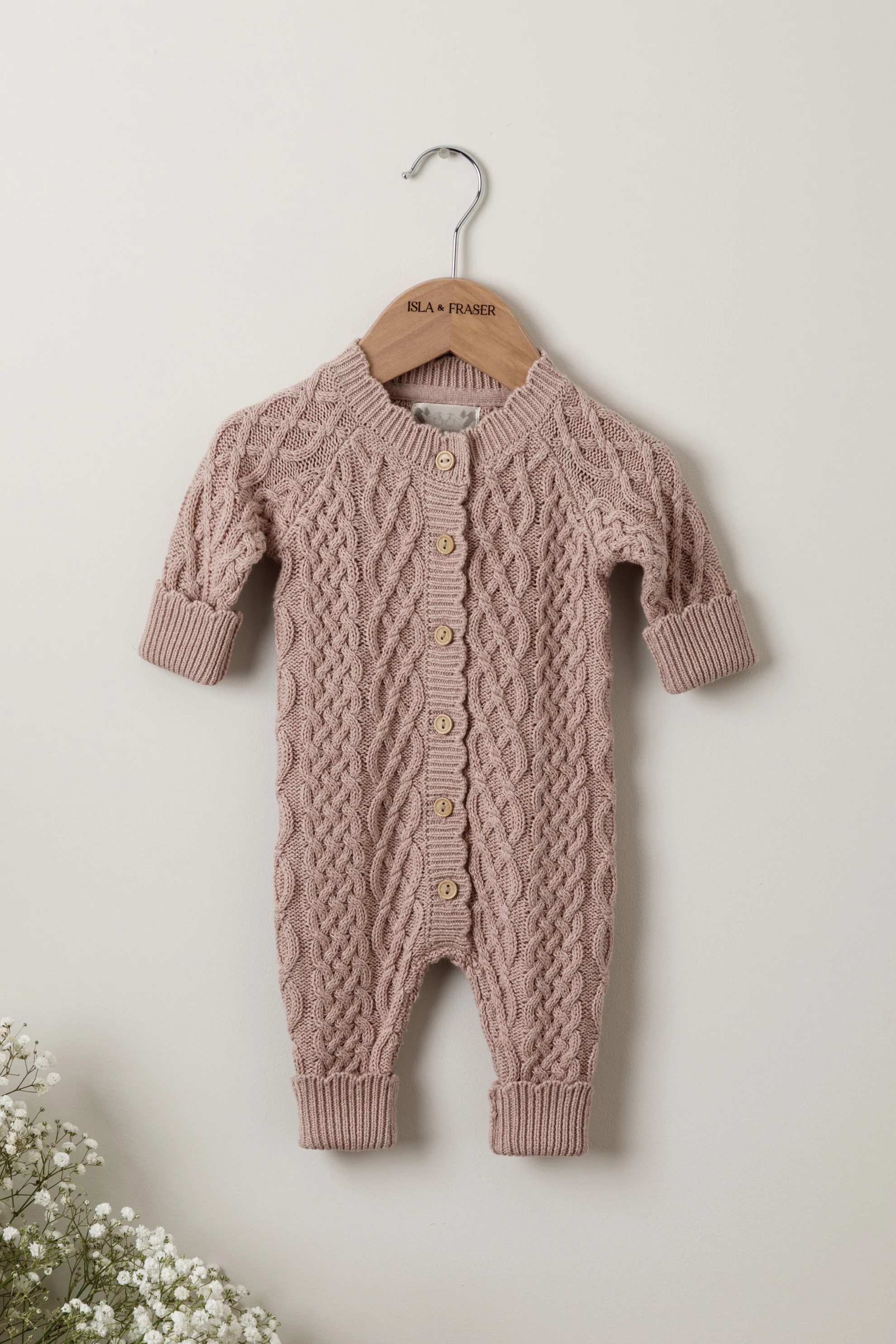 Organic Cotton Cable Knit Baby Romper - Rose - Image 2