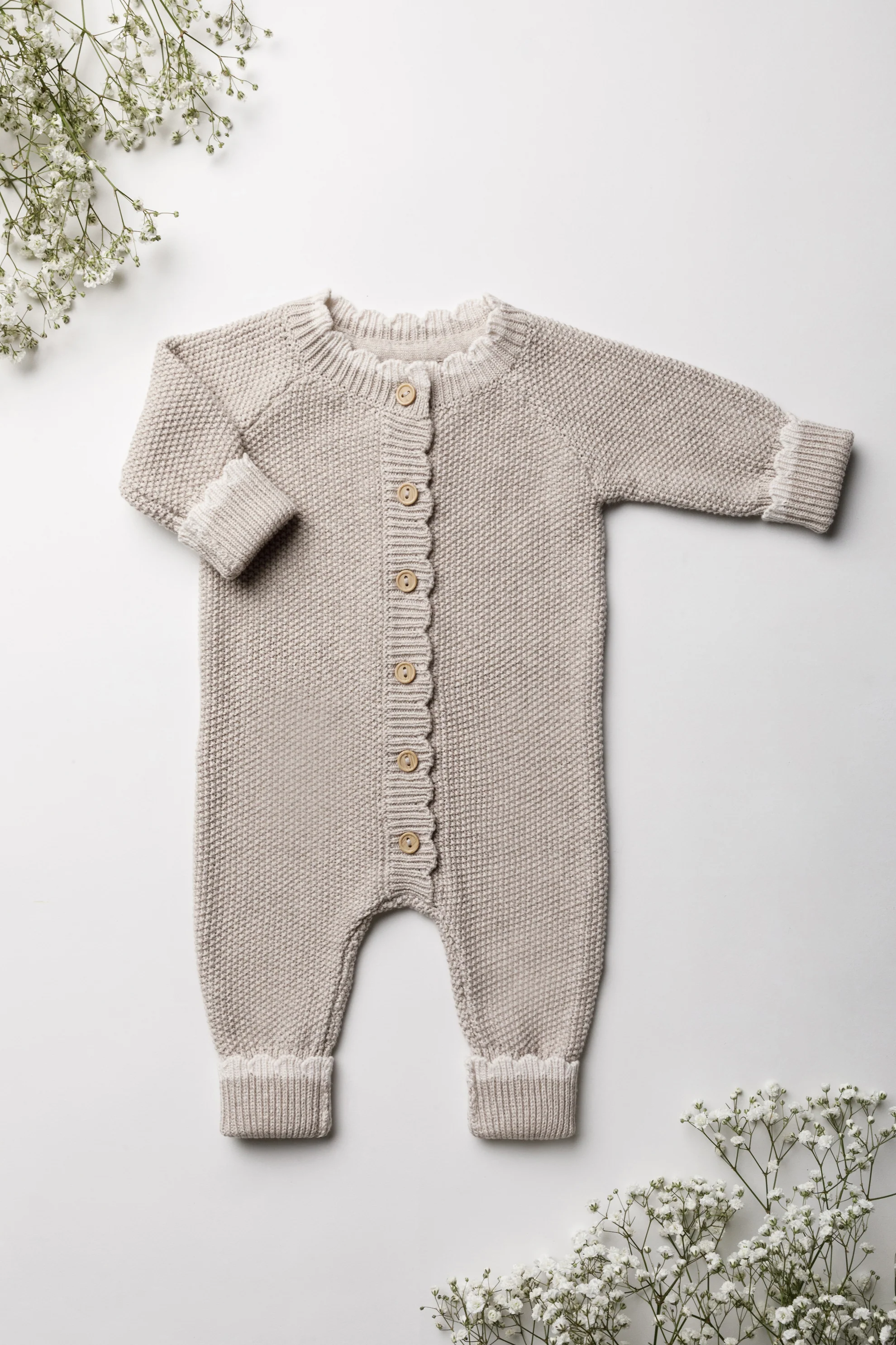 Organic Cotton Moss Stitch Tipped Baby Romper - Pebble - Image 8