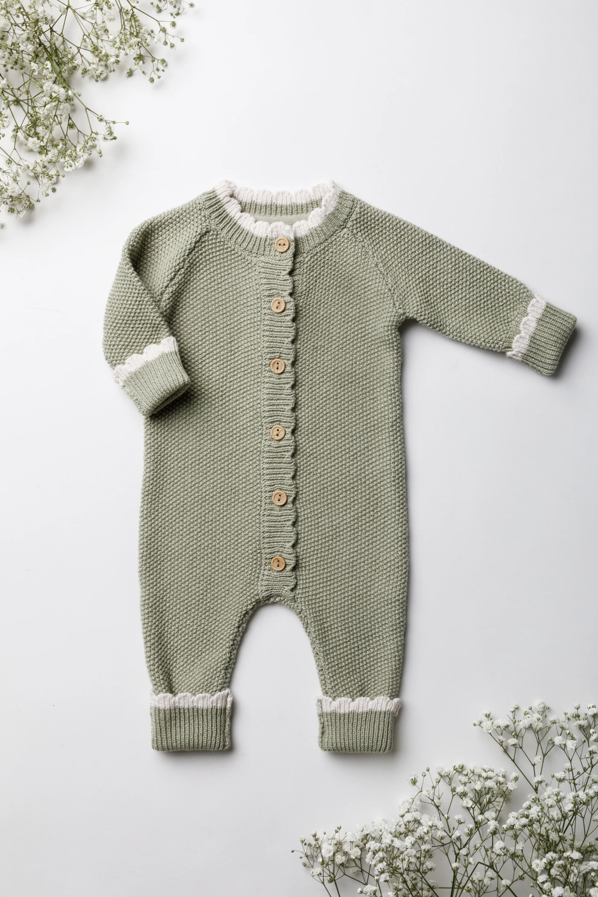 Organic Cotton Moss Stitch Tipped Baby Romper - Sage - Image 7