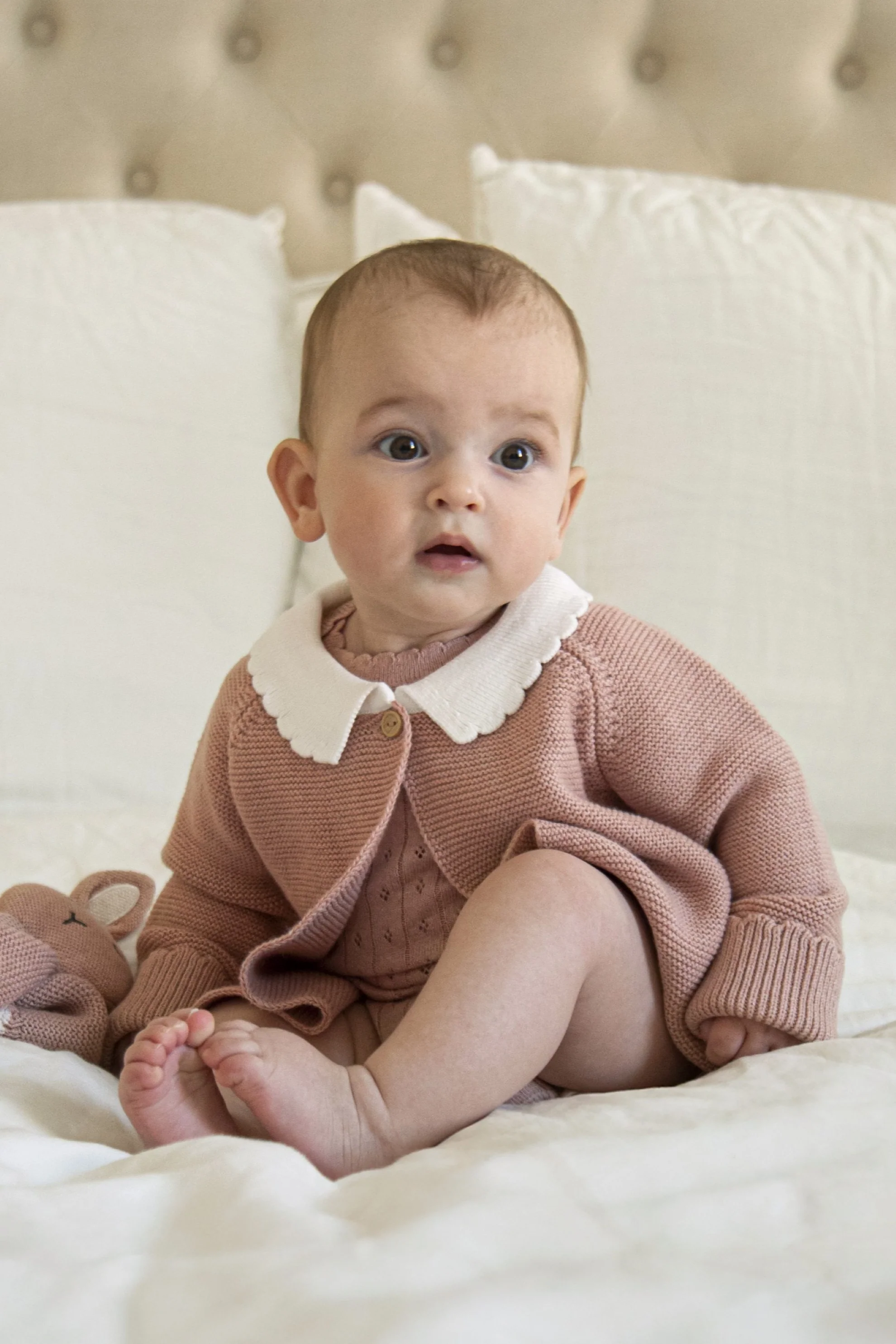 Organic Cotton Scallop Collar Baby Cardigan - Rose - Image 9