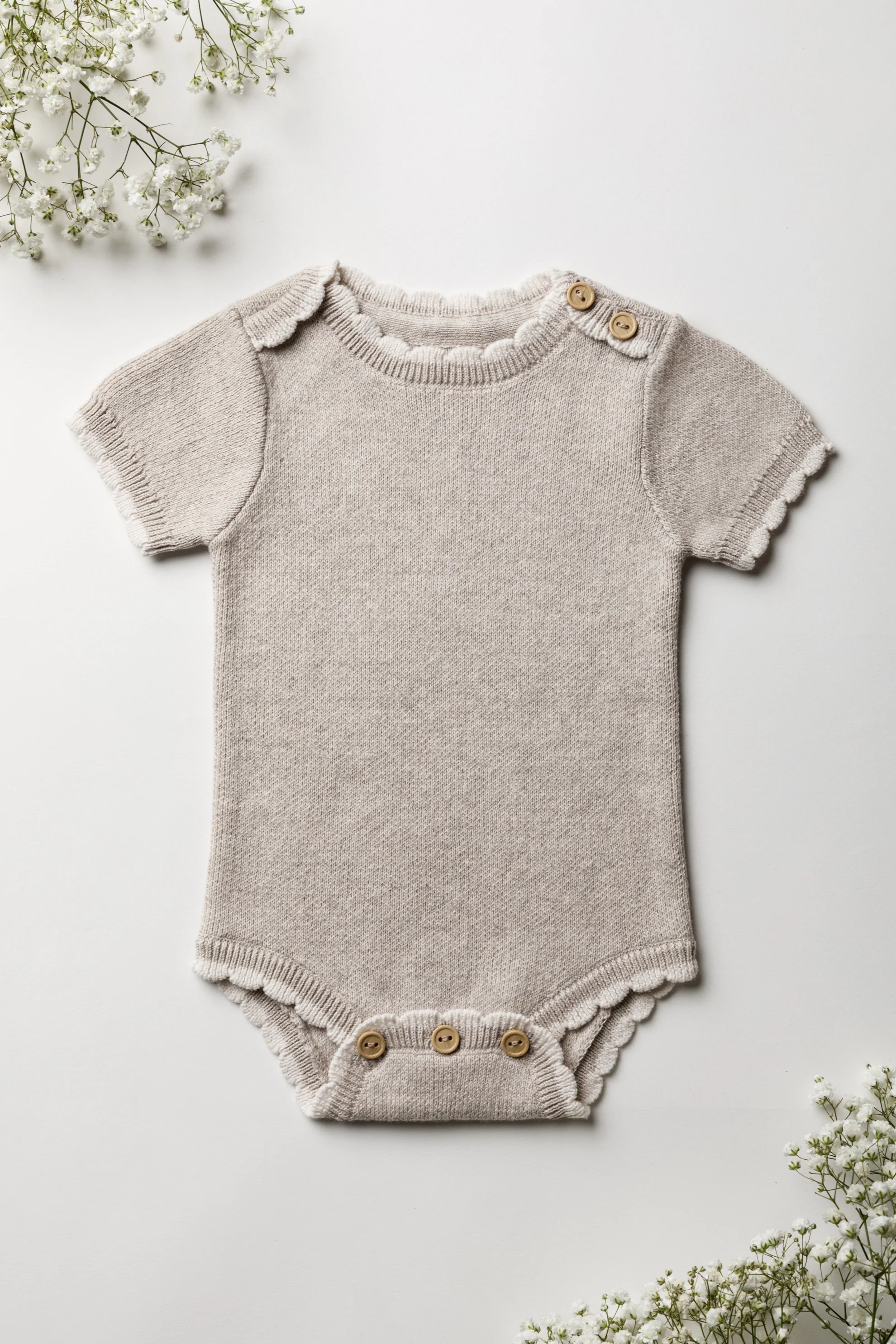 Organic Cotton Scallop Knit Tipped Baby Bodysuit - Pebble - Image 5